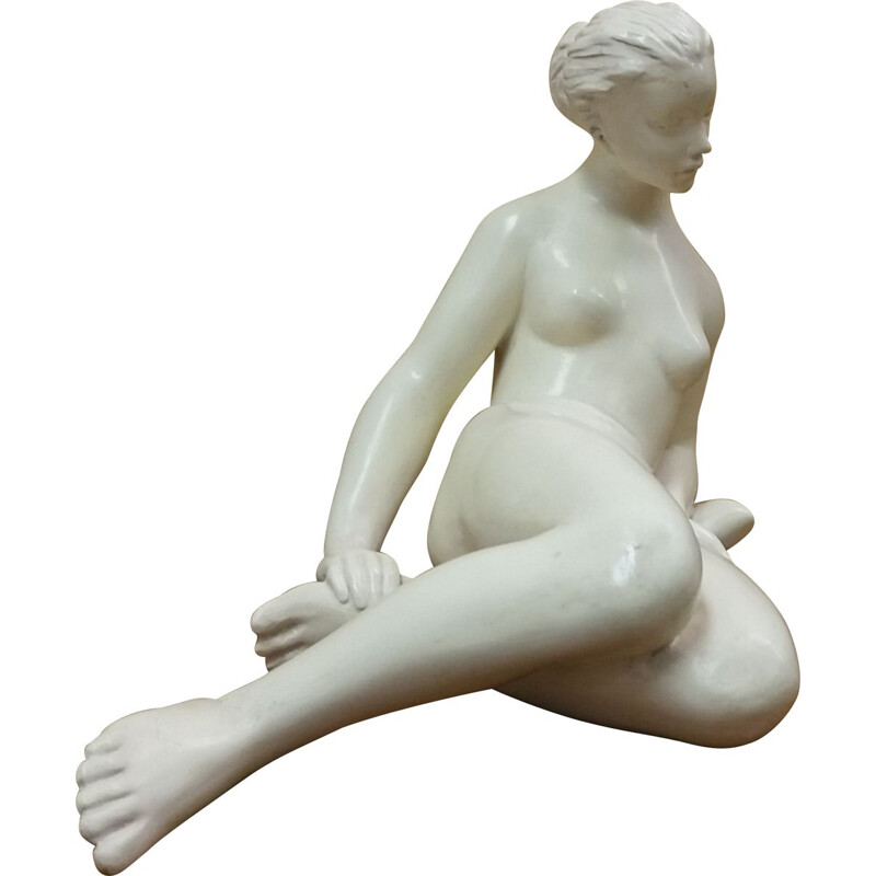 Vintage ceramic sculpture nude sitting woman,Art Deco 1940s