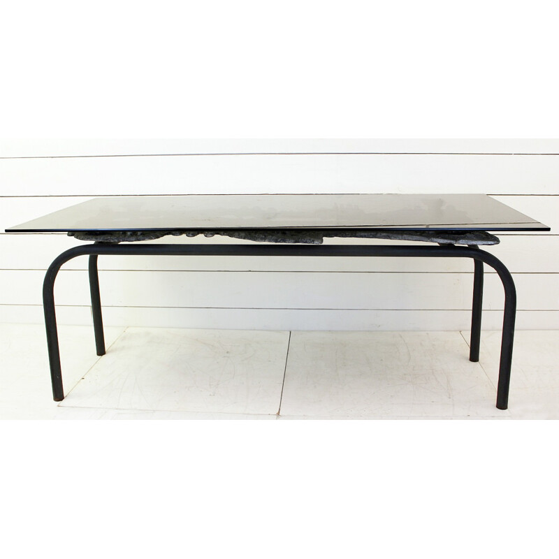 Vintage Brutalist coffee table in aluminum and smoked glass by Willy Ceysens, Belgium 1960