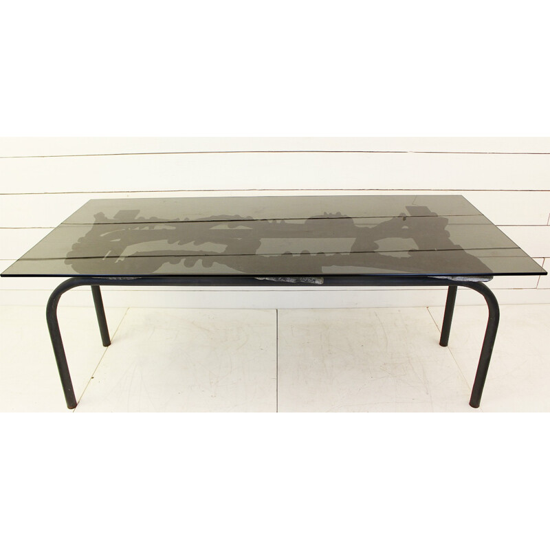 Vintage Brutalist coffee table in aluminum and smoked glass by Willy Ceysens, Belgium 1960