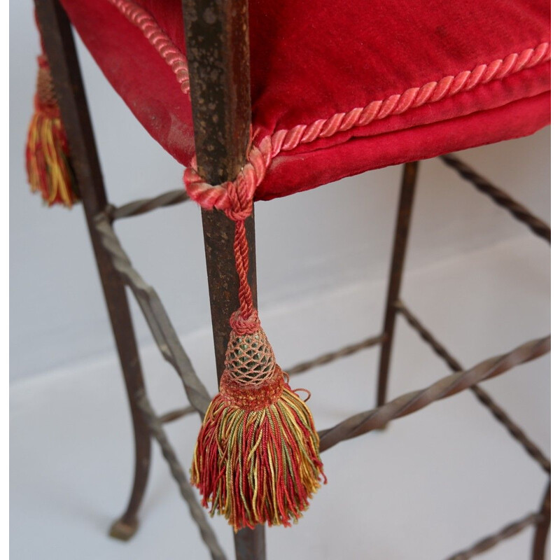 Pair of vintage wrought iron and red velvet bar stools