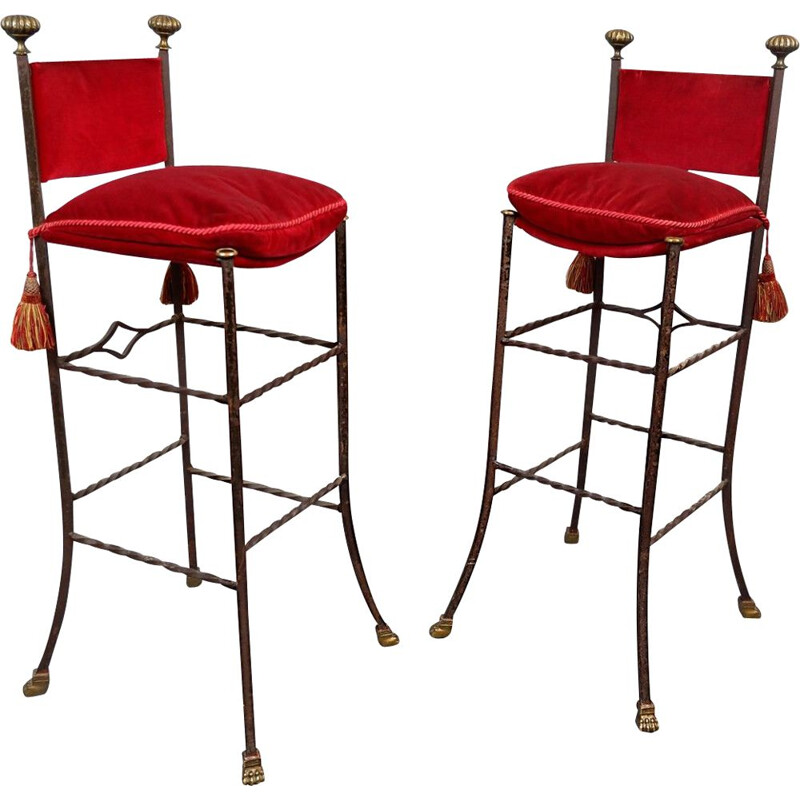Pair of vintage wrought iron and red velvet bar stools