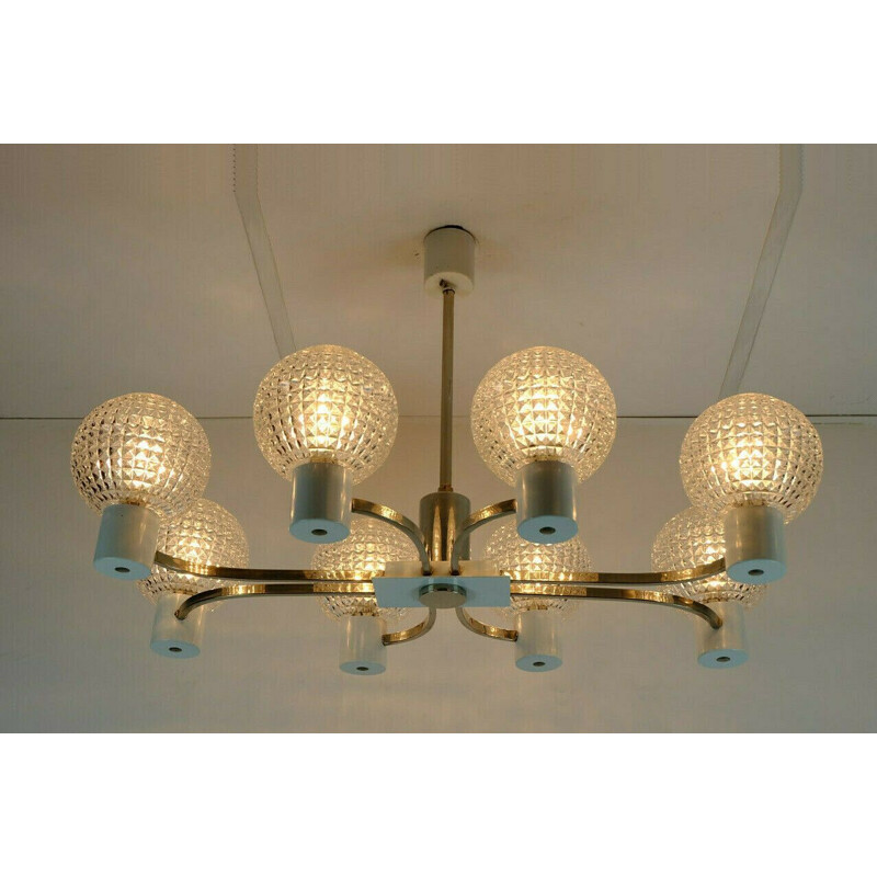 Mid century Hhanging lamp outstanding chrome metal chandelier with 8 glass shades 1960s 