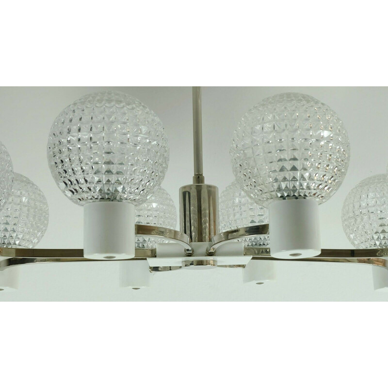 Lampes vintage lustre exceptionnel en métal chromé avec 8 abat-jour en verre 1960