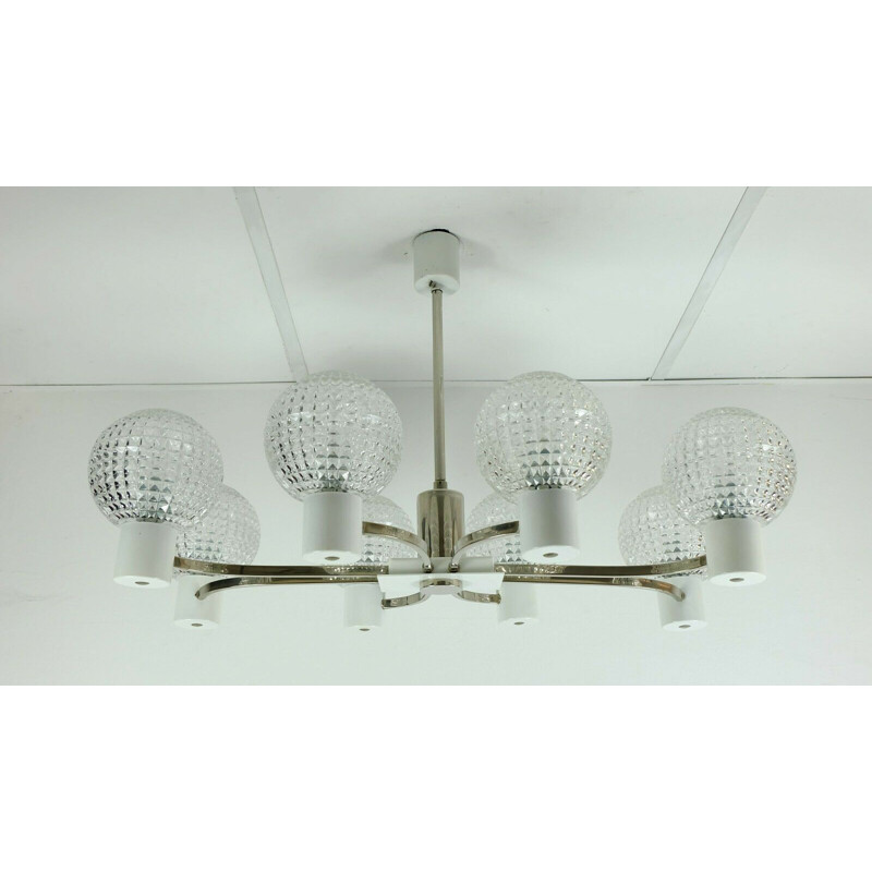 Lampes vintage lustre exceptionnel en métal chromé avec 8 abat-jour en verre 1960