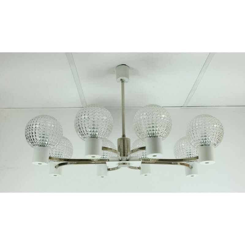 Mid century Hhanging lamp outstanding chrome metal chandelier with 8 glass shades 1960s 