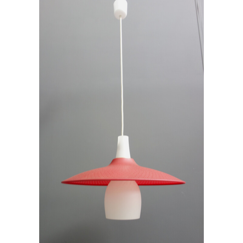 Vintage red and white plastic pendant lamp, 1950