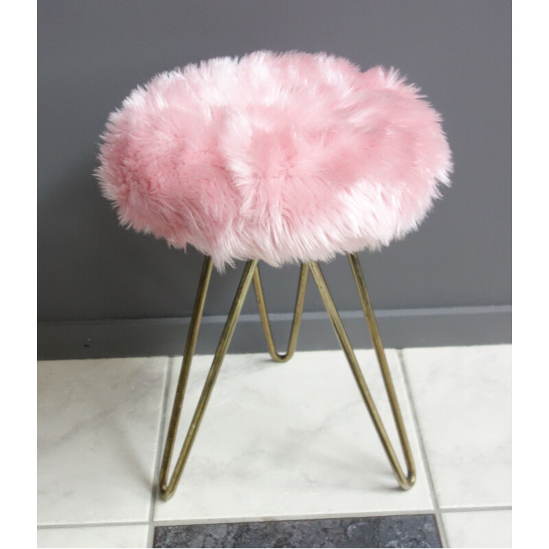 Tabouret Vintage Pink Fluffy avec pieds en épingle à cheveux en laiton 1960