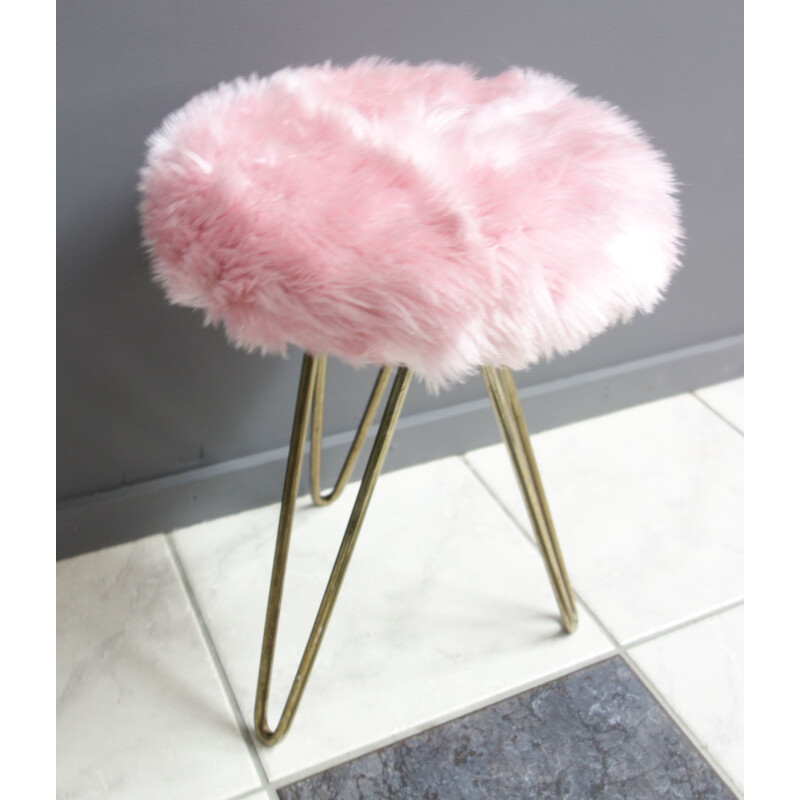 Vintage Pink Fluffy stool with brass hairpin legs 1960s