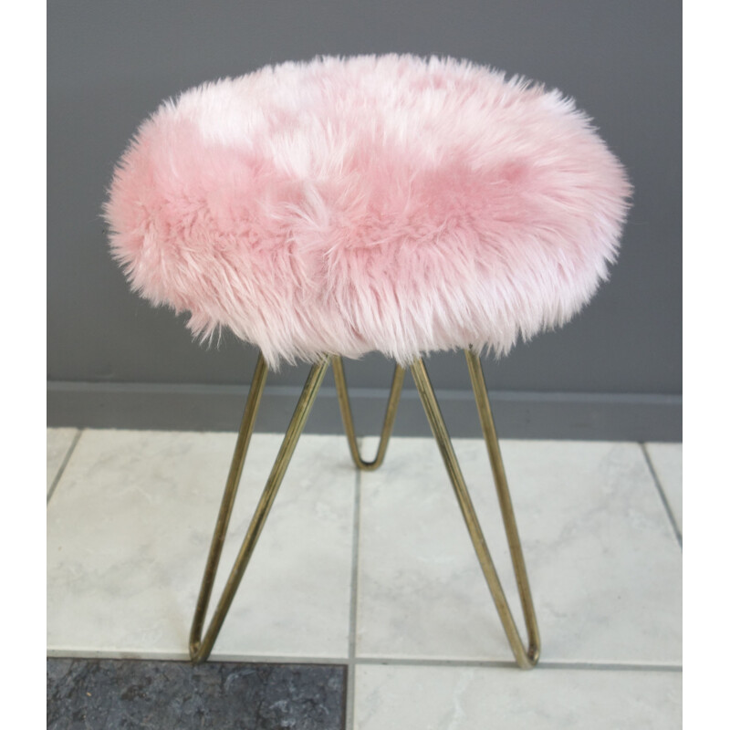Vintage Pink Fluffy stool with brass hairpin legs 1960s