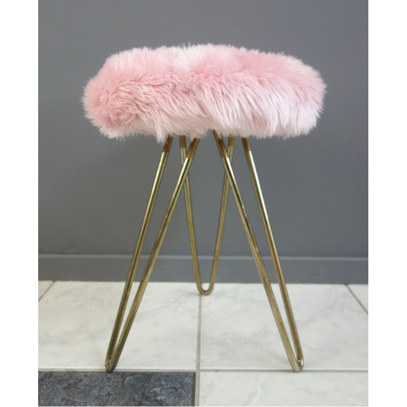 Vintage Pink Fluffy stool with brass hairpin legs 1960s