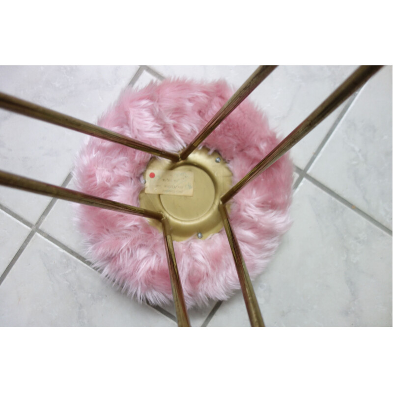 Vintage Pink Fluffy stool with brass hairpin legs 1960s