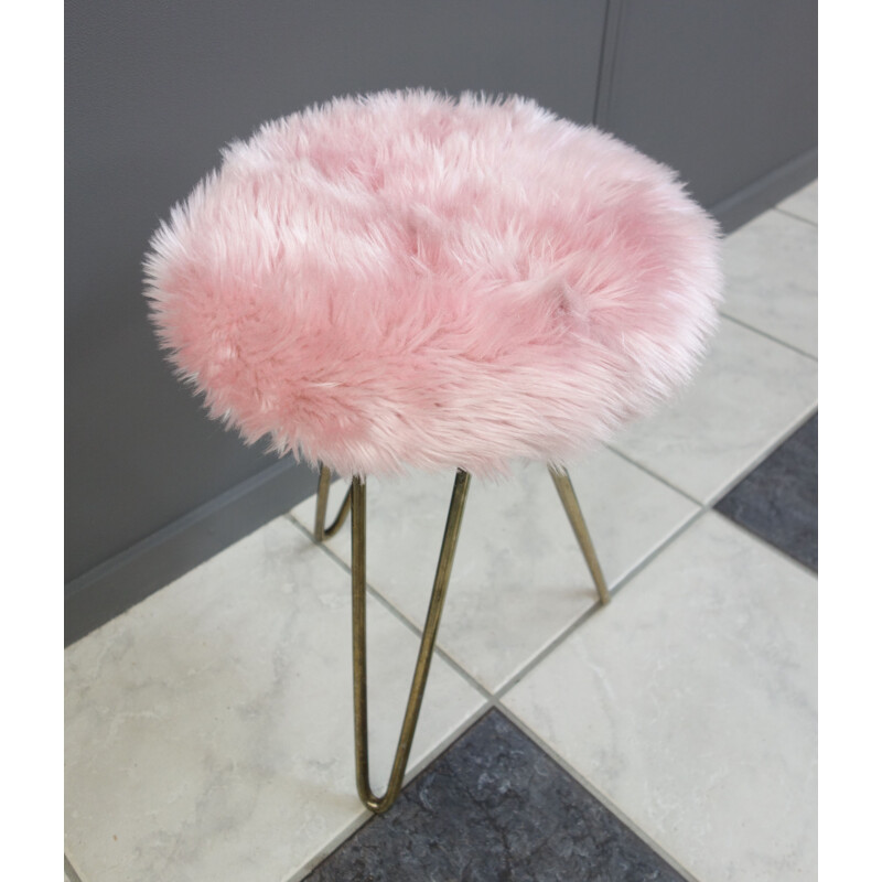 Vintage Pink Fluffy stool with brass hairpin legs 1960s