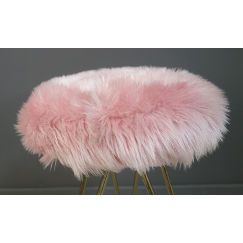 Vintage Pink Fluffy stool with brass hairpin legs 1960s