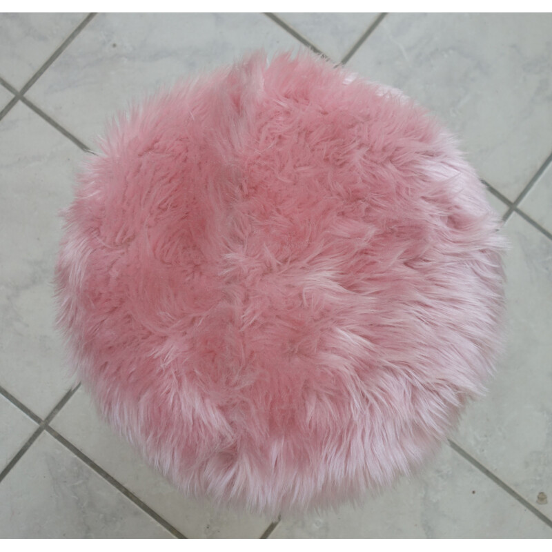 Tabouret Vintage Pink Fluffy avec pieds en épingle à cheveux en laiton 1960