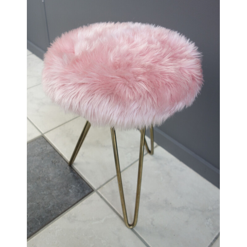 Vintage Pink Fluffy stool with brass hairpin legs 1960s