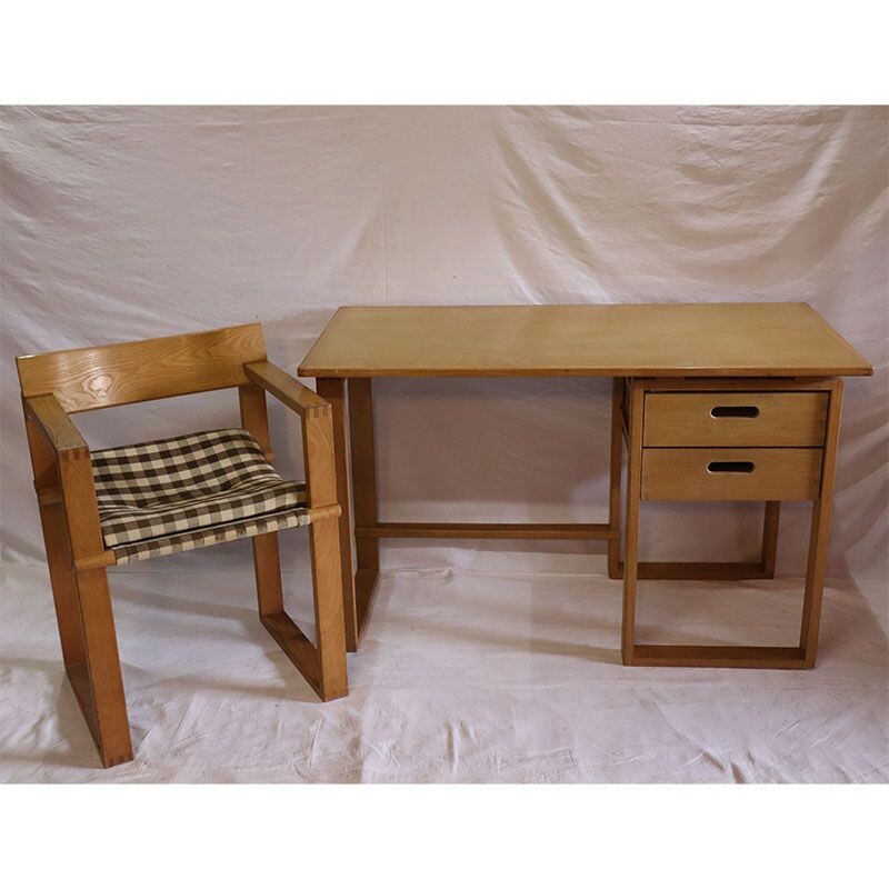 Vintage wooden desk and chair 1960