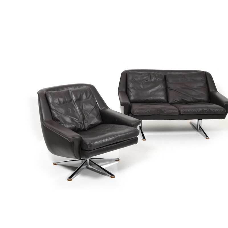Vintage Danish leather sofa and armchair set by Werner Langenfeld for ESA 1960
