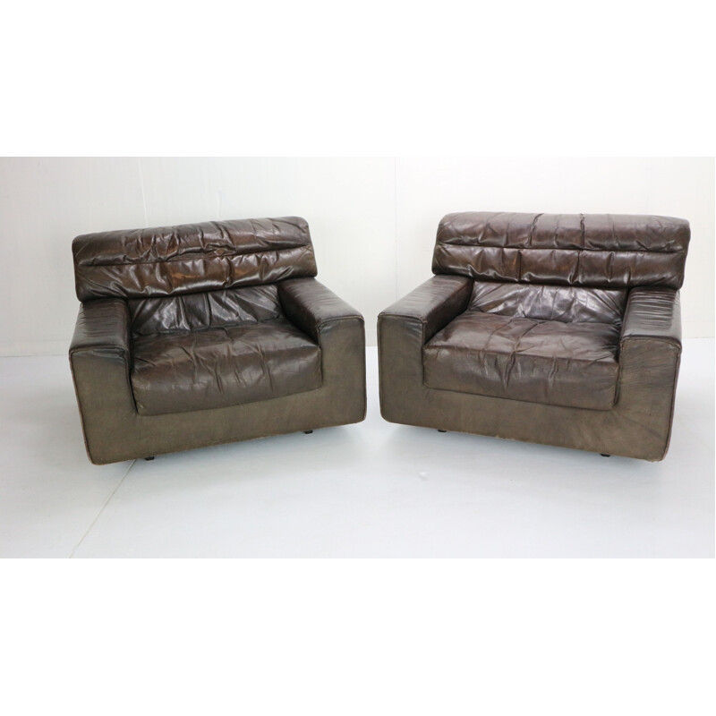 Pair of Brown Leather Lounge Chairs vintage Walter Knoll 1970s
