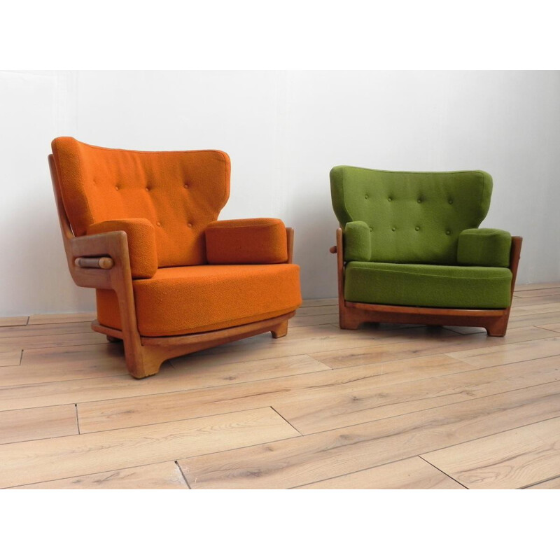 Set of two Votre Maison "Denis" armchairs in orange and green fabric, GUILLERME & CHAMBRON - 1970s