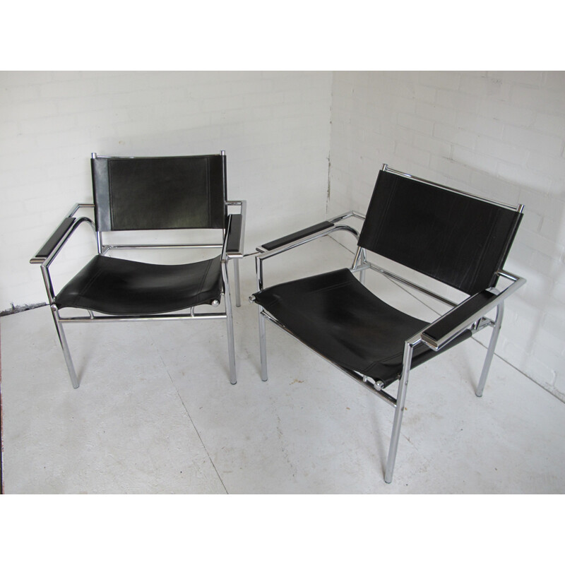 Pair of Leolux armchairs in chrome steel and leather, Gerard VOLLENBROCK - 1980s