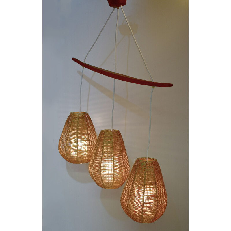 Vintage scandinavian chandelier, teak, rope, rhodoid, 1960