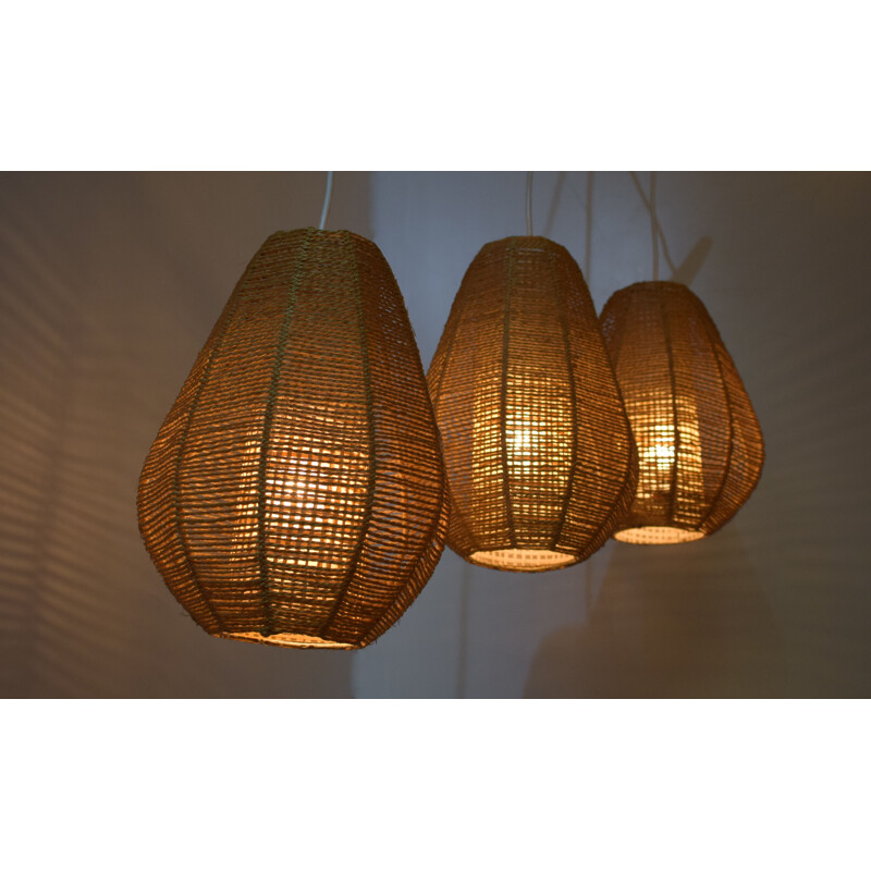 Vintage scandinavian chandelier, teak, rope, rhodoid, 1960