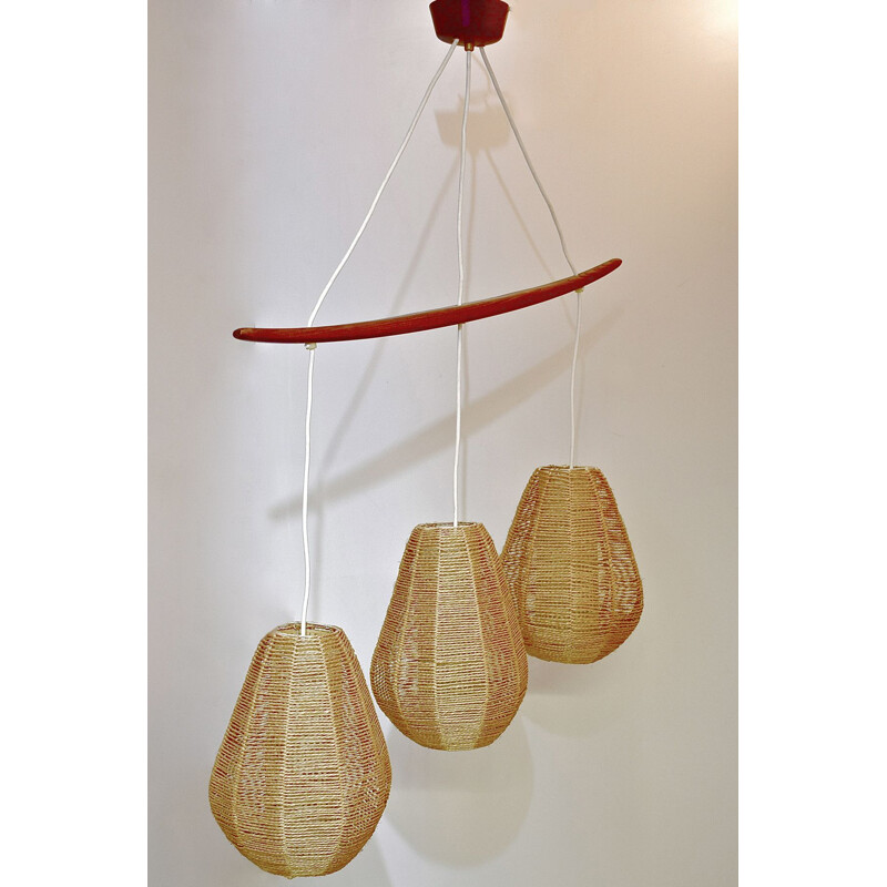 Scandinavische vintage kroonluchter, teak, touw, rhodoïde, 1960