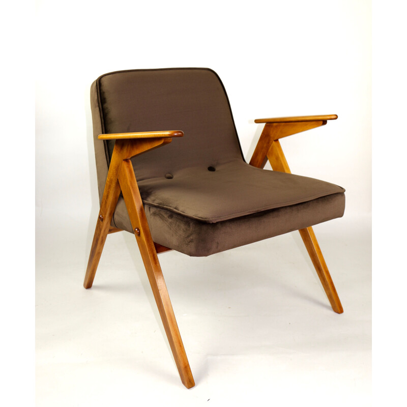 Vintage Brown Velvet Armchair by Józef Chierowski, 1970s