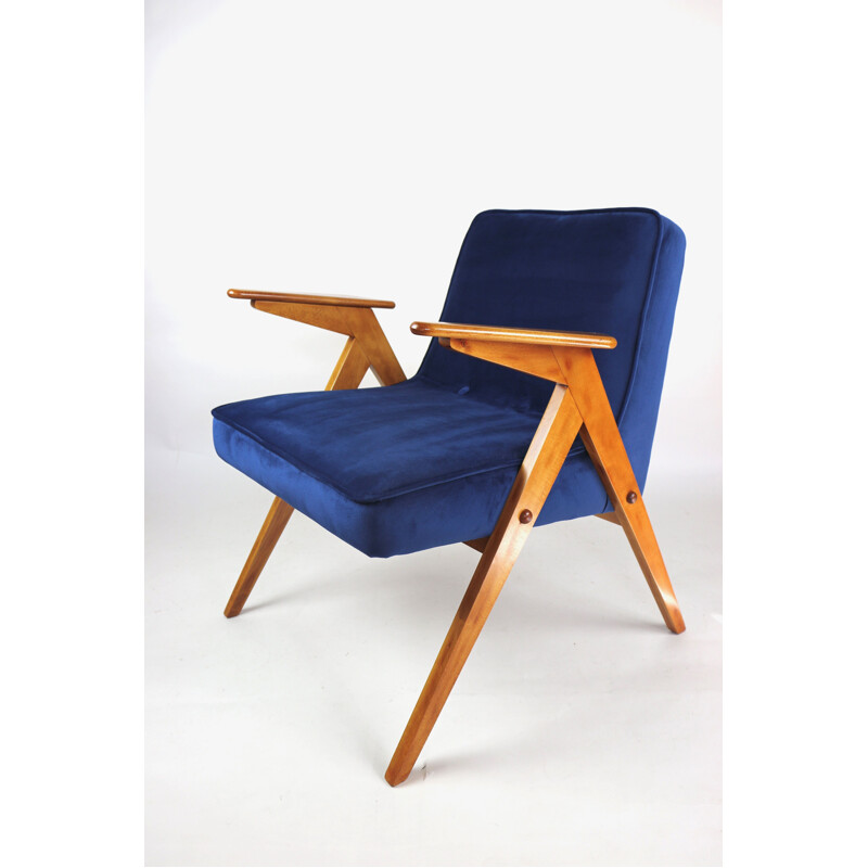 Vintage Dark Blue Velvet Armchair by Józef Chierowski, 1970s