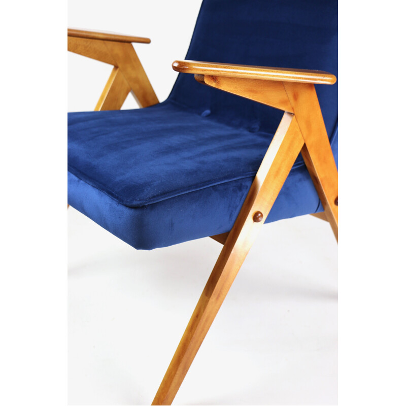 Vintage Dark Blue Velvet Armchair by Józef Chierowski, 1970s