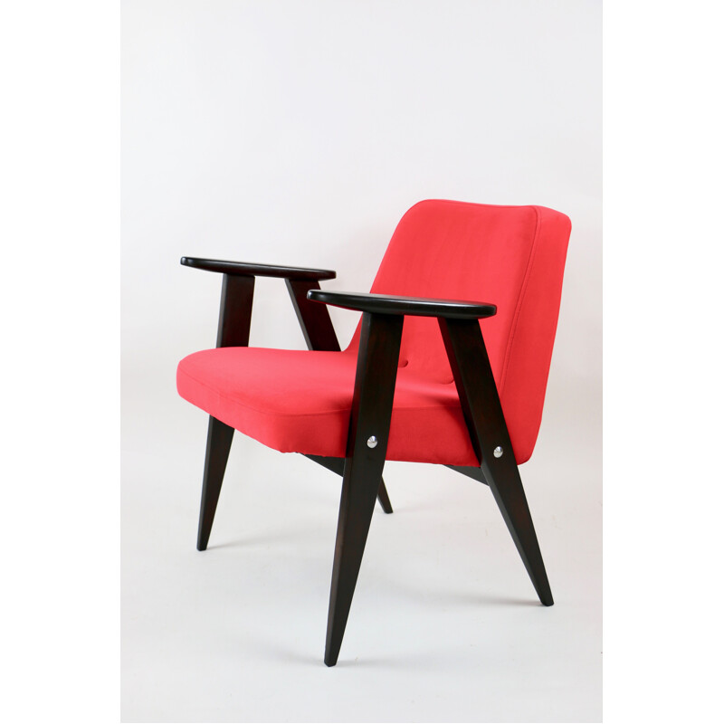 Vintage Red Velvet 366 Lounge Chair by Józef Chierowski, 1970s