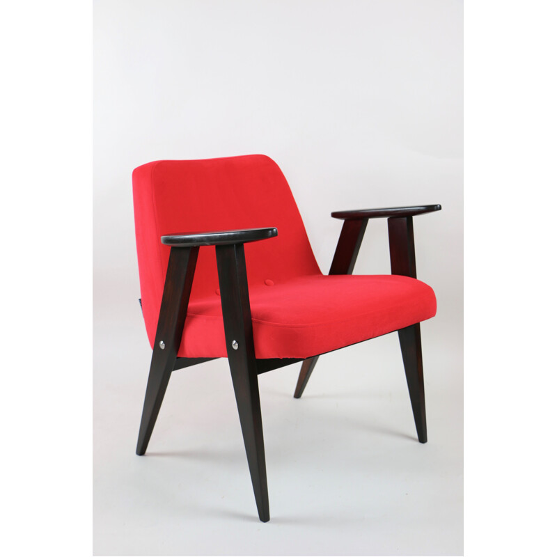 Vintage Red Velvet 366 Lounge Chair by Józef Chierowski, 1970s