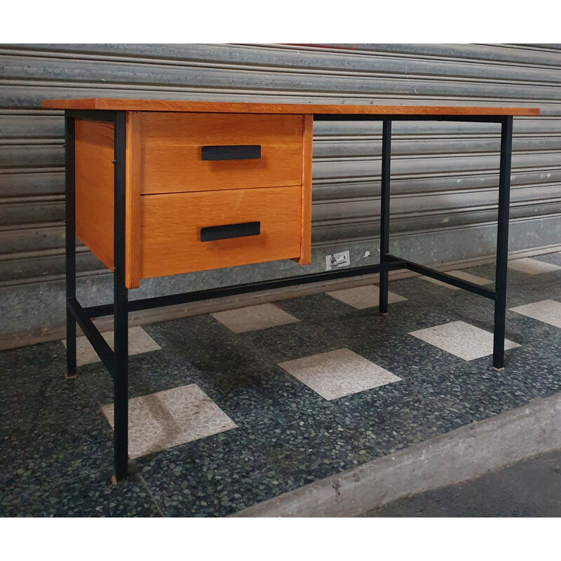 Vintage desk Clear Oak & Black Lacquered Metal 1960