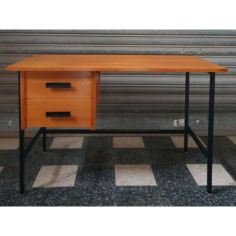 Vintage desk Clear Oak & Black Lacquered Metal 1960