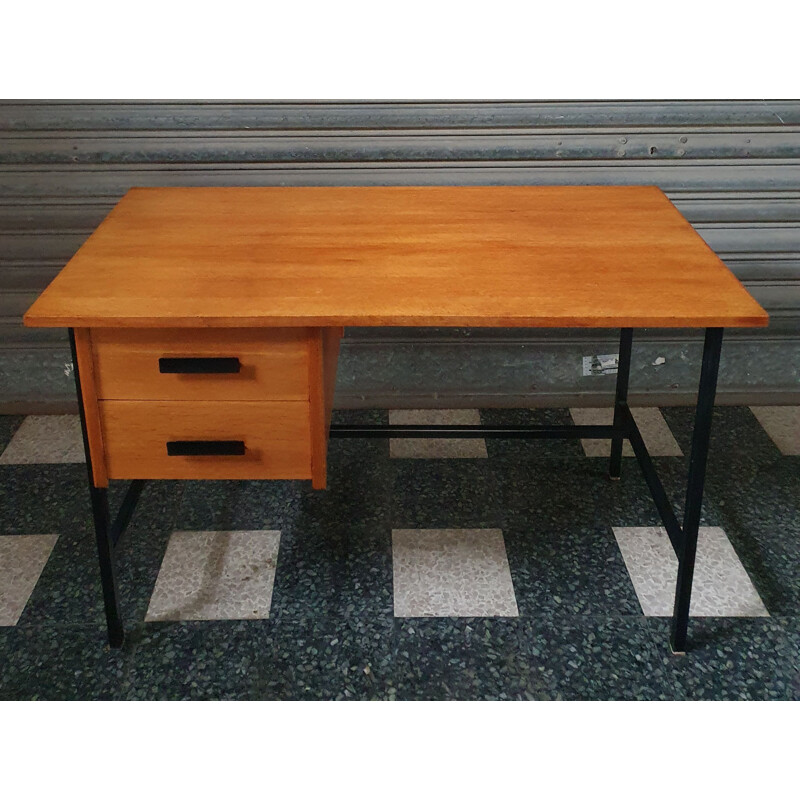 Vintage desk Clear Oak & Black Lacquered Metal 1960