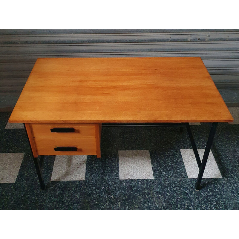 Vintage desk Clear Oak & Black Lacquered Metal 1960