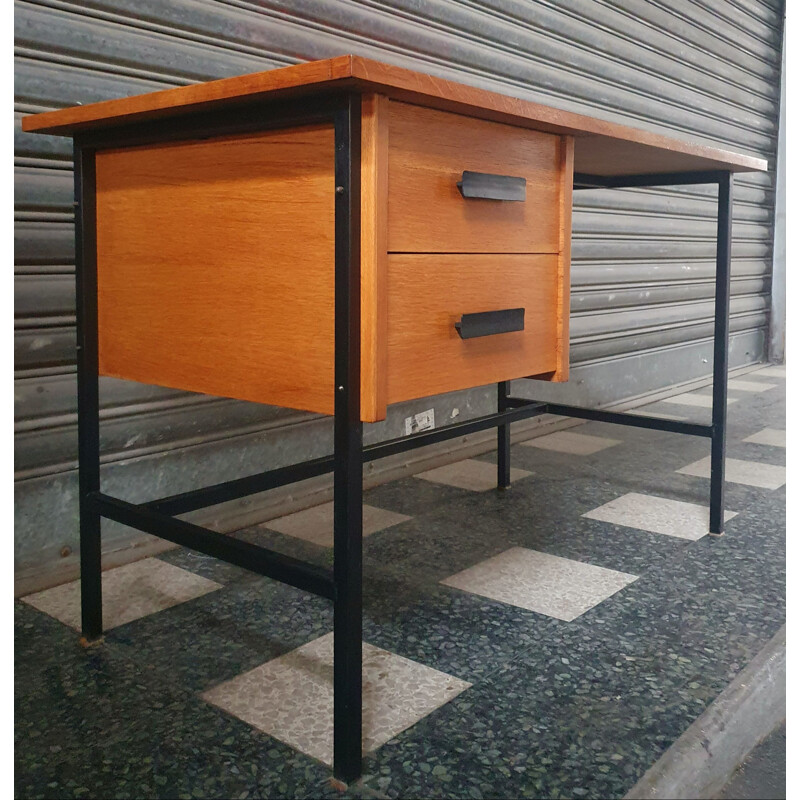 Vintage desk Clear Oak & Black Lacquered Metal 1960