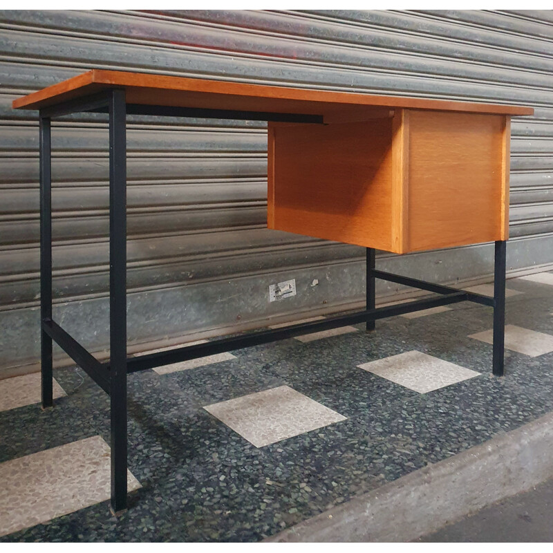 Vintage desk Clear Oak & Black Lacquered Metal 1960