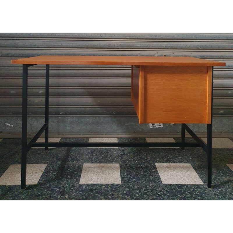 Vintage desk Clear Oak & Black Lacquered Metal 1960
