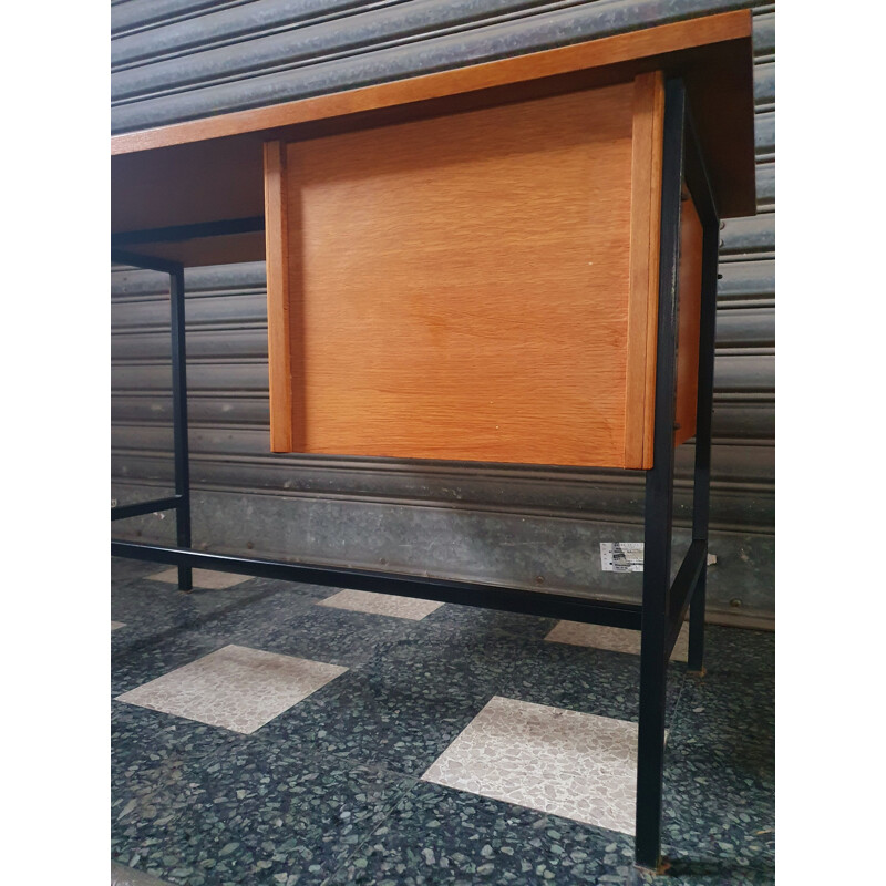 Vintage desk Clear Oak & Black Lacquered Metal 1960