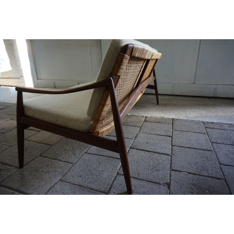 Vintage teak and cane sofa Hartmut Lohmeyer 1950s