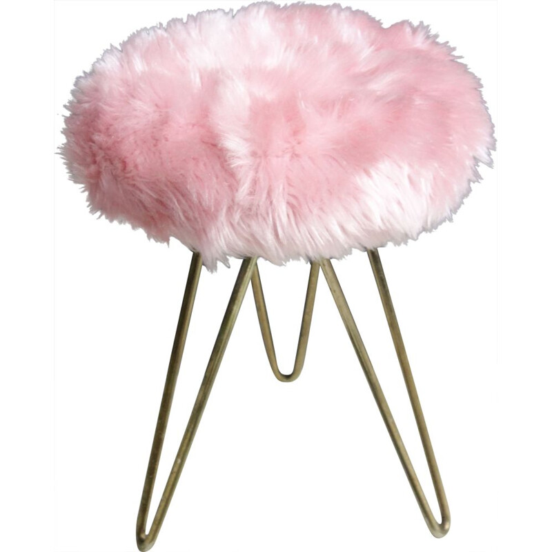 Vintage Pink Fluffy stool with brass hairpin legs 1960s