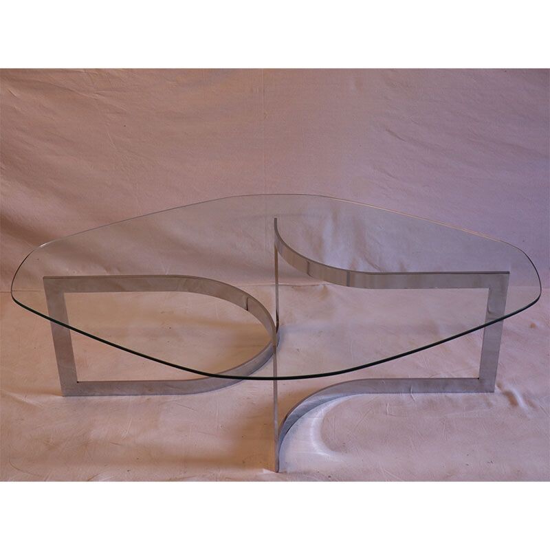 Table basse vintage en verre et chrome de Paul Legeard 1970