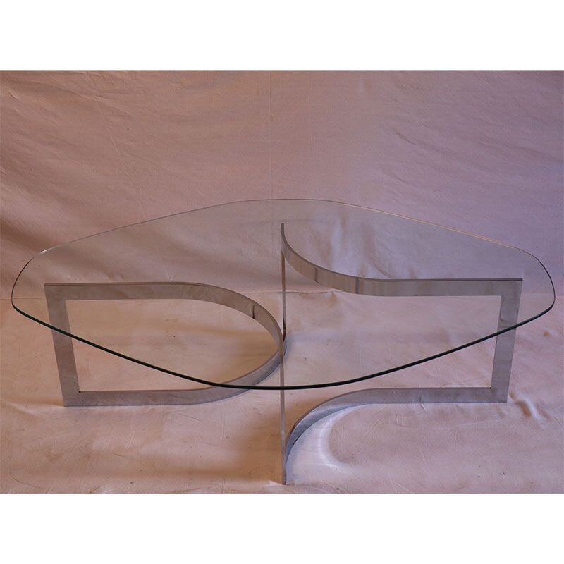 Vintage glass and chrome coffee table by Paul Legeard 1970