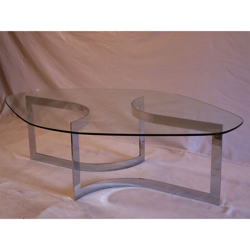 Vintage glass and chrome coffee table by Paul Legeard 1970