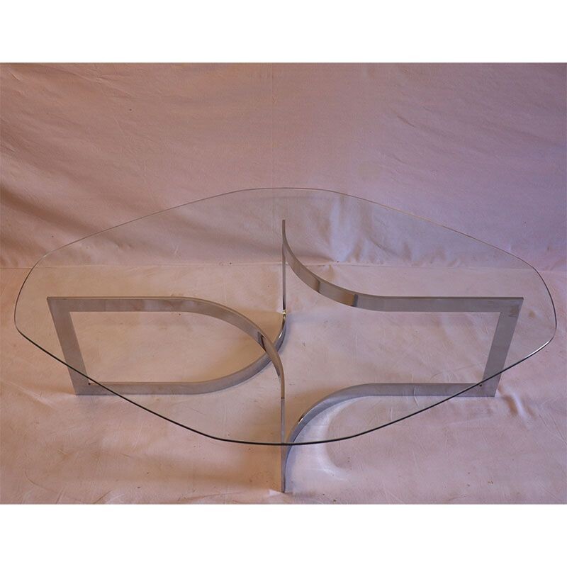 Table basse vintage en verre et chrome de Paul Legeard 1970