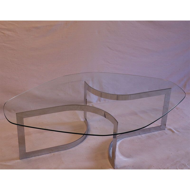 Table basse vintage en verre et chrome de Paul Legeard 1970