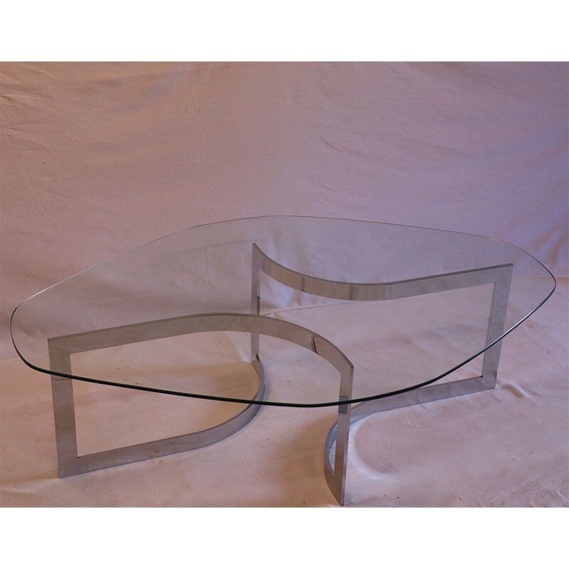 Vintage glass and chrome coffee table by Paul Legeard 1970