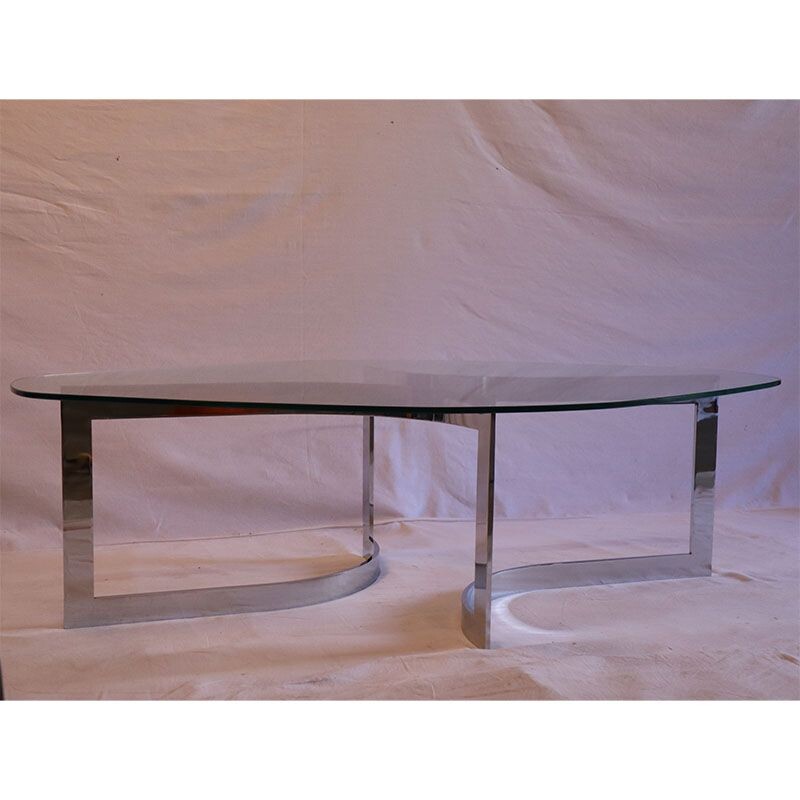 Vintage glass and chrome coffee table by Paul Legeard 1970