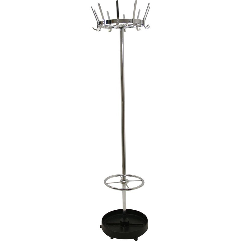 Vintage chrome standing coat rack with cast iron umbrella rack